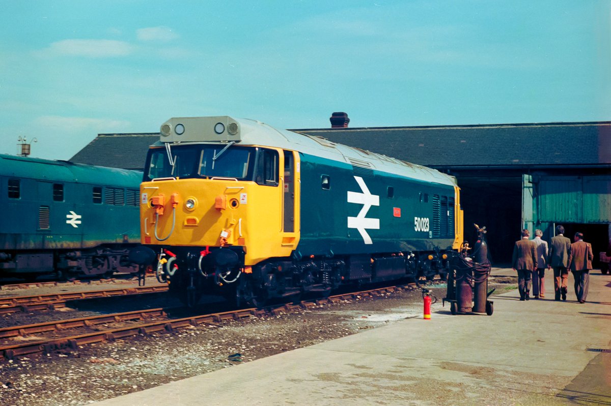 Another perk of working inside the fence - this is one of the earliest (maybe even the first) photo of a 50 in large logo livery. 50023 stands outside Doncaster Paint Shop as office staff wander back to their desks after lunch in the canteen, 2nd September 1980.
#FiftiesOnFriday