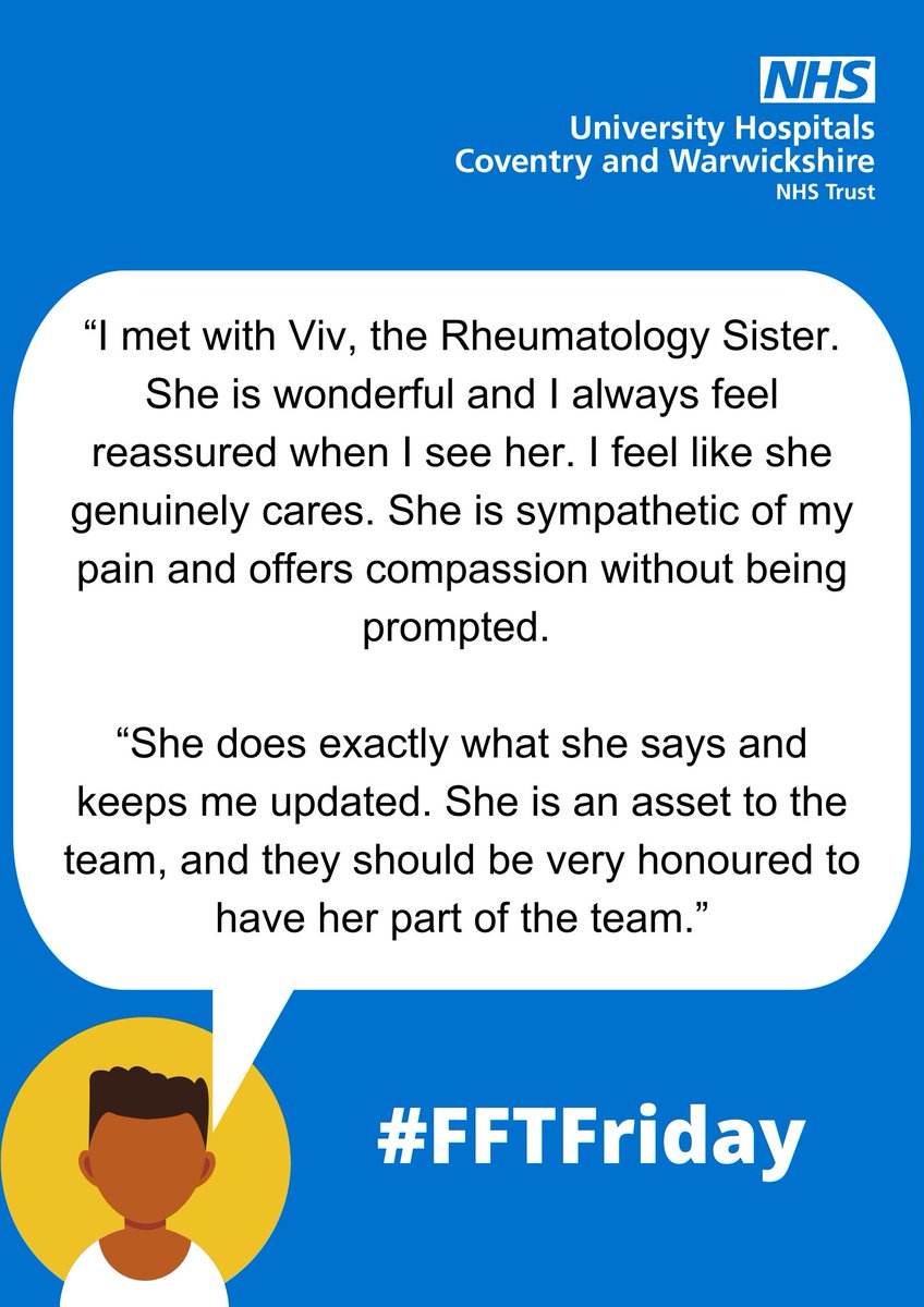 Next on the #FFTFriday agenda we visit Clinic 4 <a href="/nhsuhcw/">UHCW NHS Trust</a>. 

This patient wanted to give a shout out to staff member Viv who expertly demonstrates the Trust values. 

#WhatMattersToYouMattersToUs #FFTFriday