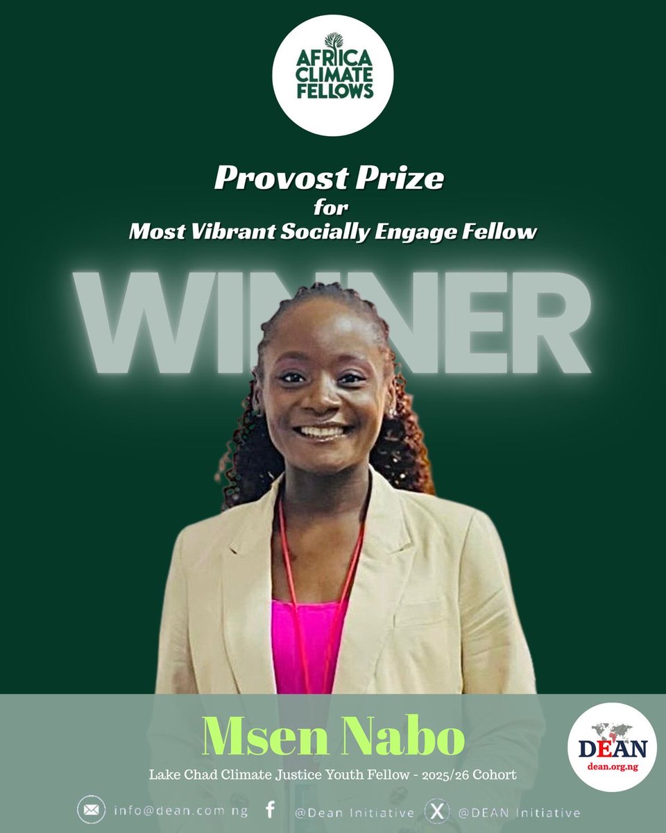 🌟 Celebrating Excellence! 🌟

We proudly celebrate Msen Nabo, winner of the Provost Prize for the Most Vibrant Socially Engaged Fellow under the Africa Climate Fellows Programme (Lake Chad Climate Justice Youth Fellow – 2025/26 Cohort) 👏🏆

Her passion for social engagement,