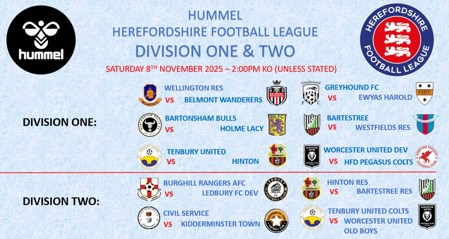 Premier Div teams in County Cup action this wkend (8/11) so full attention is on <a href="/hummelUK/">hummel UK & Ireland</a> HFL Division One &amp; Two 👀👇⚽️

<a href="/ColtsPegasus/">Hereford Pegasus Colts</a> <a href="/EwyasHaroldFC/">Ewyas Harold FC</a> <a href="/HolmeLacy/">Holme Lacy FC</a> all have equal records on top of Div 1 with a chasing pack near by

Chance to catch up in Div 2 with top 2 not playing