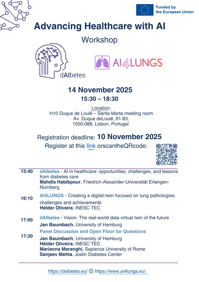 On 14 November, during the <a href="/dAIbetes_EU/">dAIbetes</a>  – Advancing Healthcare with AI Workshop, AI4LUNGS will host a panel on creating a digital twin for lung pathologies!

Explore how AI innovation is transforming healthcare!
Sign up now: surveymonkey.com/r/75ZKXWV