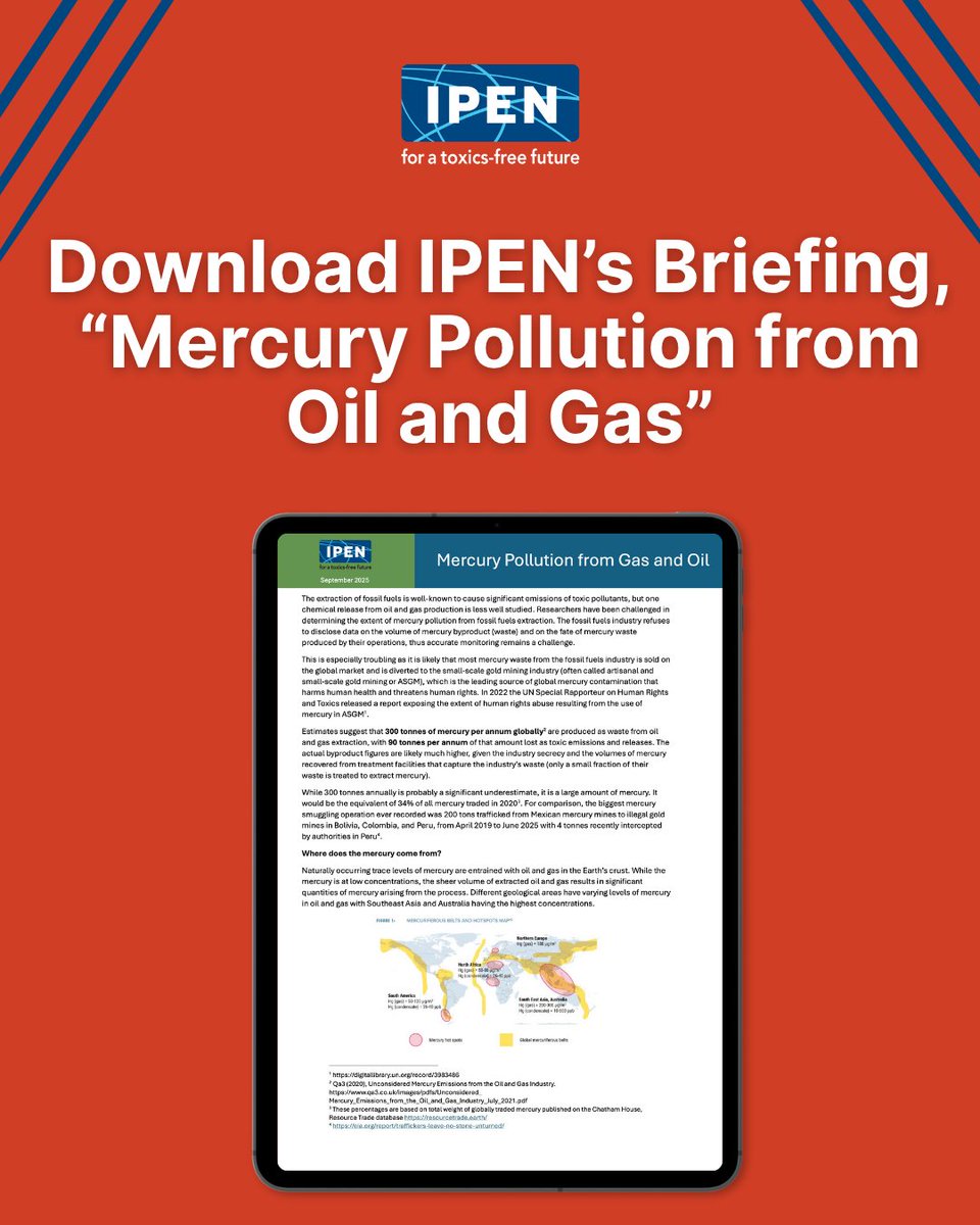 ToxicsFree's tweet image. A hidden source of mercury pollution: the oil and gas industry.

IPEN’s new briefing exposes how this fuels global mercury contamination and urges urgent action to stop it.

📘 Read more: ipen.org/documents/merc…

#Mercury #FossilFuels #ASGM #ToxicsFreeFuture