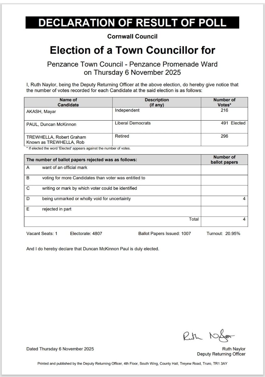 I would just like to take the time to thank everyone for taking the time to vote, and I'll look forward to serving Penzance Promenade as well as the town as a whole as a councillor