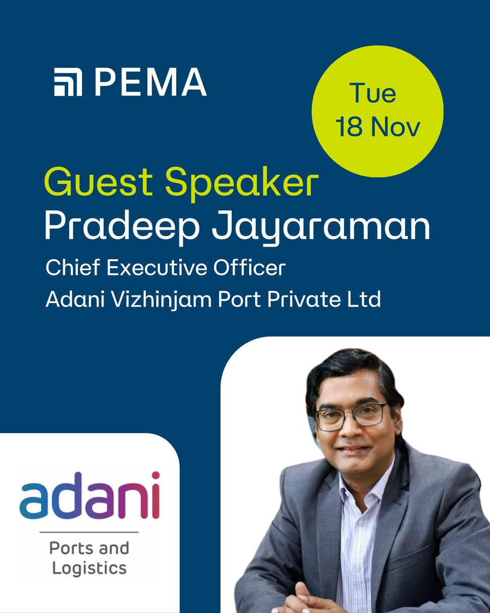 PEMASecretary's tweet image. Guest Speaker Announcement #PEMA2025KL

Pradeep Jayaraman is the Chief Executive Officer at Adani Vizhinjam Port Private Limited, India’s first automated terminal. He is overseeing the expansion and future development of the Vizhinjam International seaport.