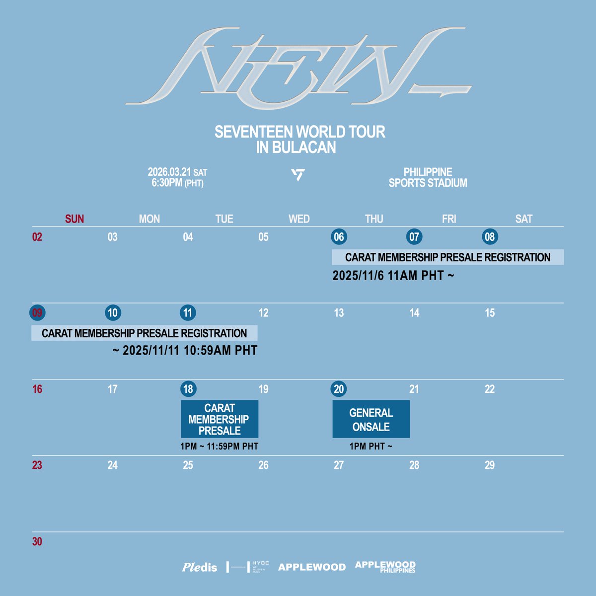 applewood_ph's tweet image. SEVENTEEN returns to BULACAN with a spectacular NEW show✨
Mark your calendars and don’t miss out on your ticket💌
Can’t wait to see you soon, CARAT!

SEVENTEEN WORLD TOUR [NEW_] IN BULACAN
📅 2026. 03. 21 (SAT) 6:30PM PHT
📍 PHILIPPINE SPORTS STADIUM

⏰ CARAT MEMBERSHIP PRESALE…
