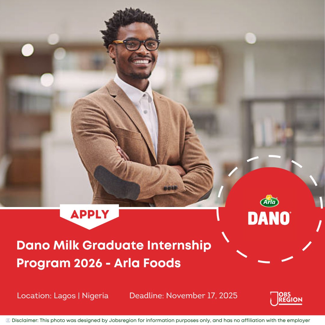 Dano Milk Graduate Internship Program 2026

Available Positions:
*Graduate Internship – Human Resources
*Graduate Internship – Finance
*Graduate Internship – Marketing
*Graduate Internship – Supply Chain
*Graduate Internship – Corporate Affairs
*Graduate Internship – Quality,