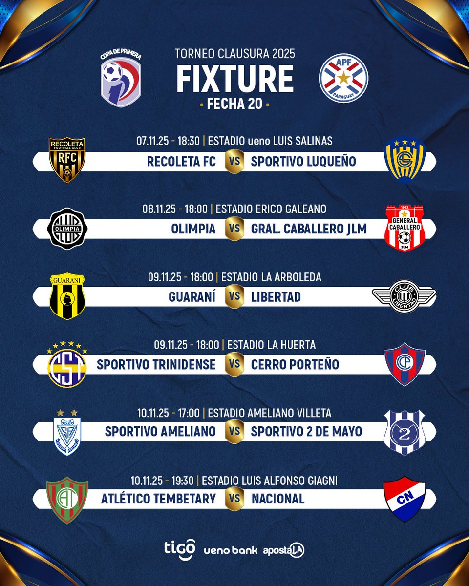 TORNEO CLAUSURA 

Calendario de partidos por la Fecha 20.

#HayFutbolpy
