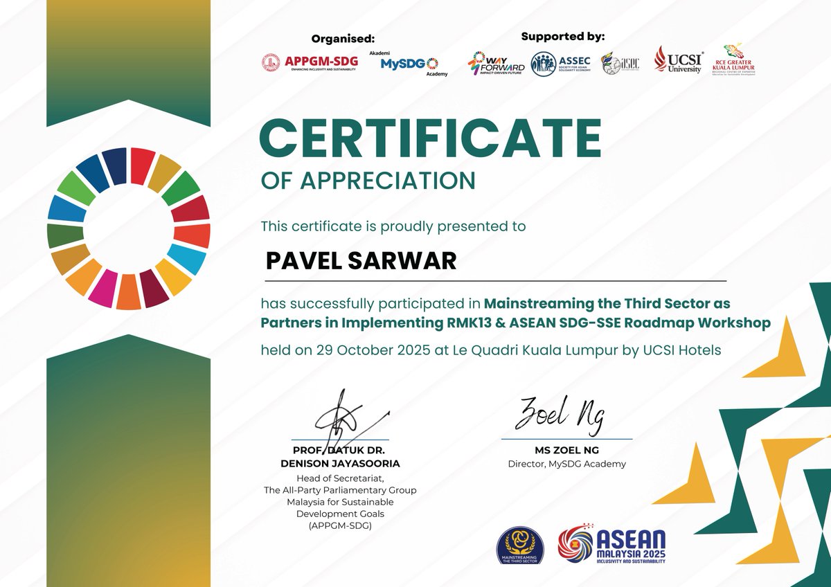 I successfully participated in the "Mainstreaming the Third Sector as Partners in Implementing RMK13 &amp; ASEAN SDG-SSE Roadmap Workshop", held on 29 October 2025 at Le Quadri, Kuala Lumpur, organized by UCSI Hotels. 🌏🤝 #SDGs #ASEAN #SocialInnovation #ThirdSector #Malaysia