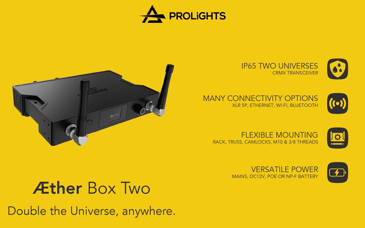 PROLIGHTS_media's tweet image. 𝐃𝐨𝐮𝐛𝐥𝐞 𝐭𝐡𝐞 𝐔𝐧𝐢𝐯𝐞𝐫𝐬𝐞, 𝐚𝐧𝐲𝐰𝐡𝐞𝐫𝐞 

#PROLIGHTS introduces ÆtherBox Two: IP65 Two universes CRMX transceiver

🔗 Find out more at: prolights.it/en/product/AET… 
📩 Get in touch for more info or to schedule a demo!

#WirelessControl #CRMX
