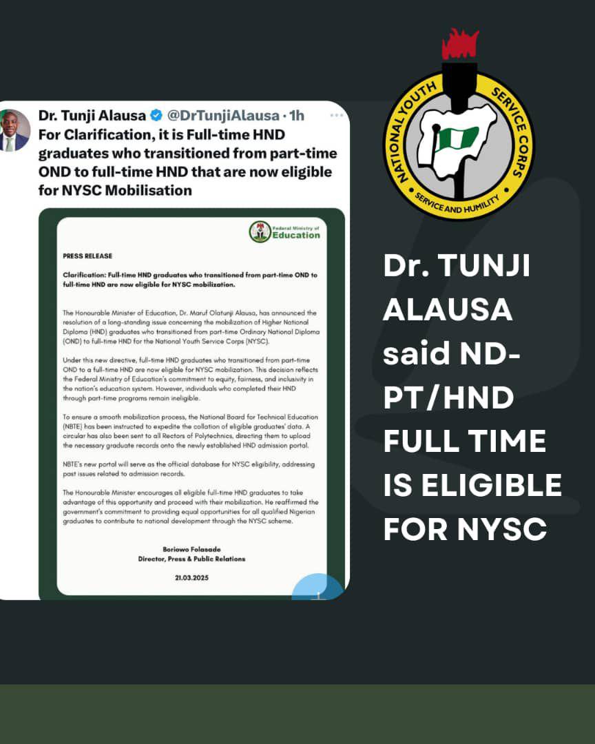 After 8 months from the Minister Of Education <a href="/DrTunjiAlausa/">Dr. Tunji Alausa</a>  the NySC are yet to mobilize the ND pT/ HND full time graduates. <a href="/officialnyscng/">NYSC NDHQ</a> what's stopping you from mobilizing ND part time HND full time graduates? #JusticeForNDPTHNDFTGraduates.