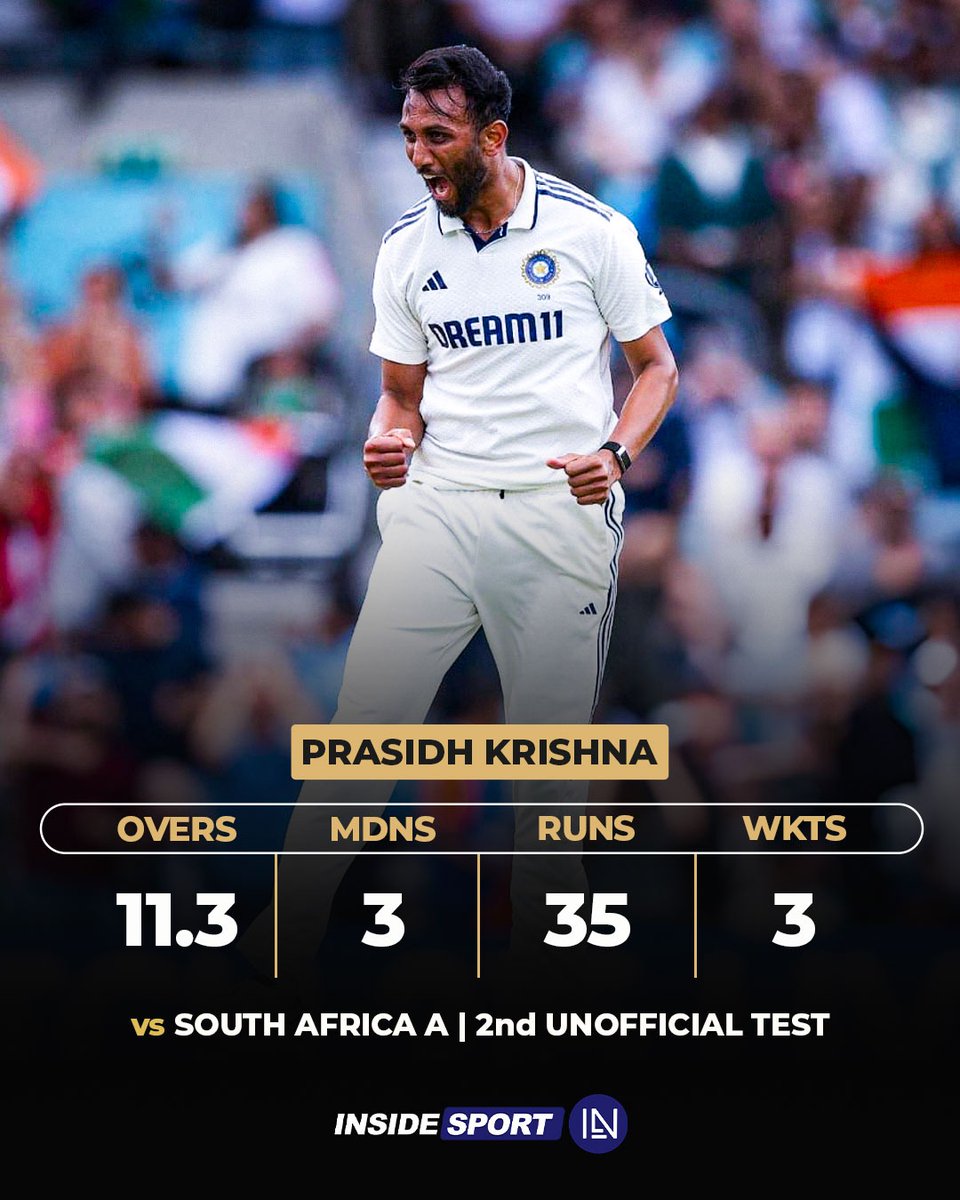 InsideSportIND's tweet image. Prasidh Krishna, Akash Deep and Mohammed Siraj have been the pick of the bowlers for India A, as they bundled out South Africa A for a first innings total of 2️⃣2️⃣1️⃣ and took a 3️⃣4️⃣-run lead in the 2nd unofficial Test in Bengaluru 🏏

#PrasidhKrishna #AkashDeep #MohammedSiraj…