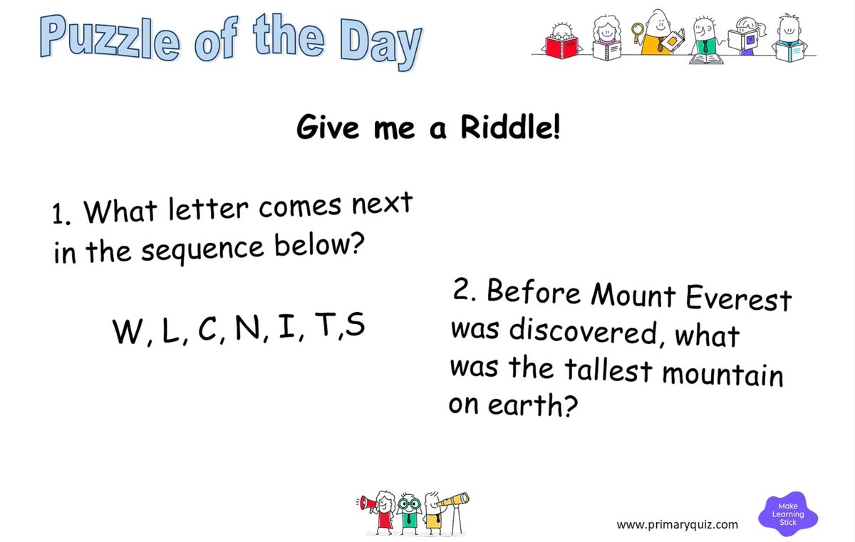 PrimaryQuiz's tweet image. Primary Puzzle of the Day! ✨🧠

Let’s get those brains buzzing! Can your class crack today’s riddles? 

Drop your answers below or challenge your class to solve it together! 📚

#PrimaryMaths #MathsPuzzle #LearnThroughPlay #PuzzleoftheDay