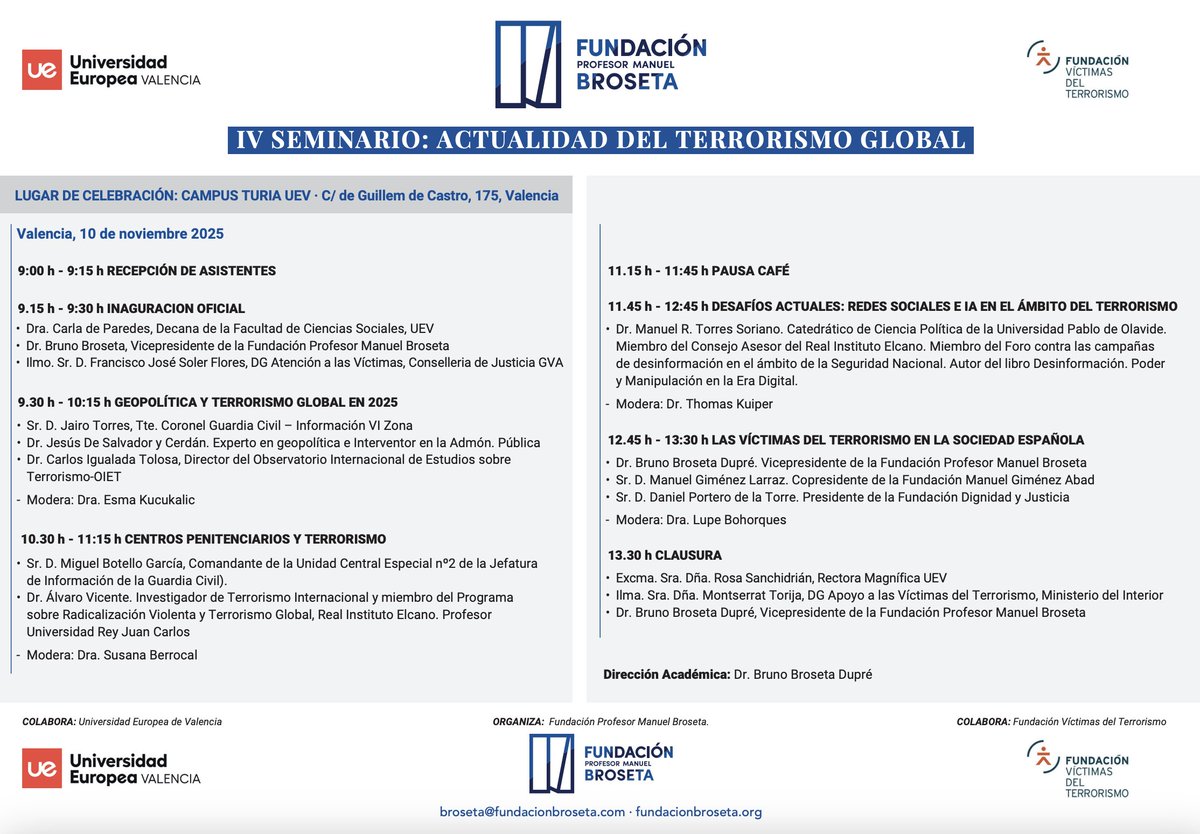 Nuestro director <a href="/carlos_igualada/">Carlos Igualada</a> participa en el IV Seminario: Actualidad del Terrorismo Global organizado por la Fundación Prof.Manuel Broseta <a href="/ProfBroseta/">Fundación Prof.Manuel Broseta</a> 

🗓️ Hoy lunes 10 de noviembre desde las 09:00h
📍 Sede de la <a href="/UEValencia/">Universidad Europea de Valencia</a> (c. de Guillem de Castro, 175)