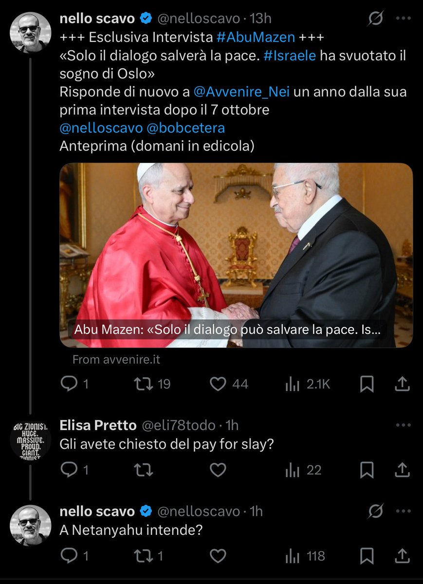 La visita di Abu Mazen in Vaticano, ricevuto da Papa Leone XIV, si inserisce a mio avviso in un’abile offensiva diplomatica di Fatah, tutta giocata in chiave anti-israeliana e finalizzata a ottenere ulteriori fondi.

Proprio ieri, in un tweet poi rimosso per il tono
