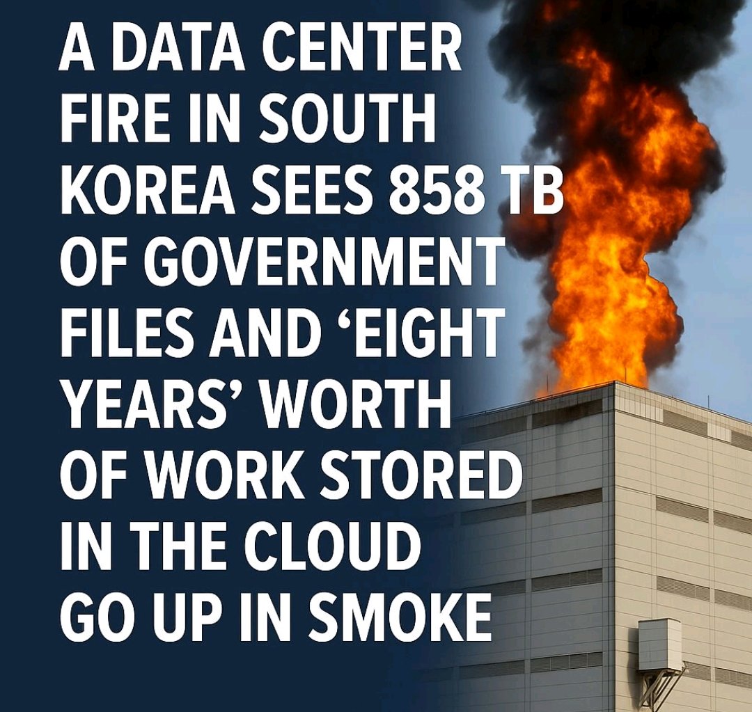 sk_singh_here's tweet image. 858 TB of data - gone.

South Korea just learned a brutal lesson in backups.

#DataBackup #DataSecurity #BackupSecurity