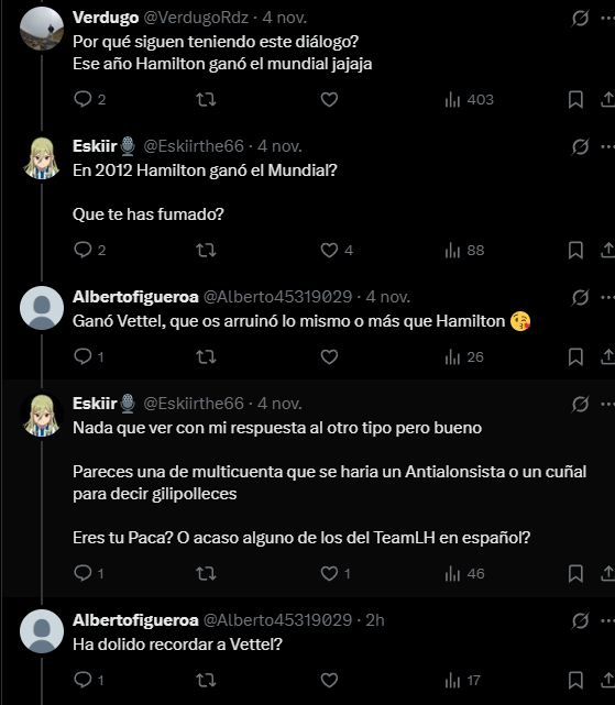 Entre AA  hay veces que me pregunto si son capaces siquiera de sumar una neurona

Mira que les gusta quejarse de que como son ciertos aficionados tanto en F1 como en otros deportes, y luego ellos son iguales o peores.