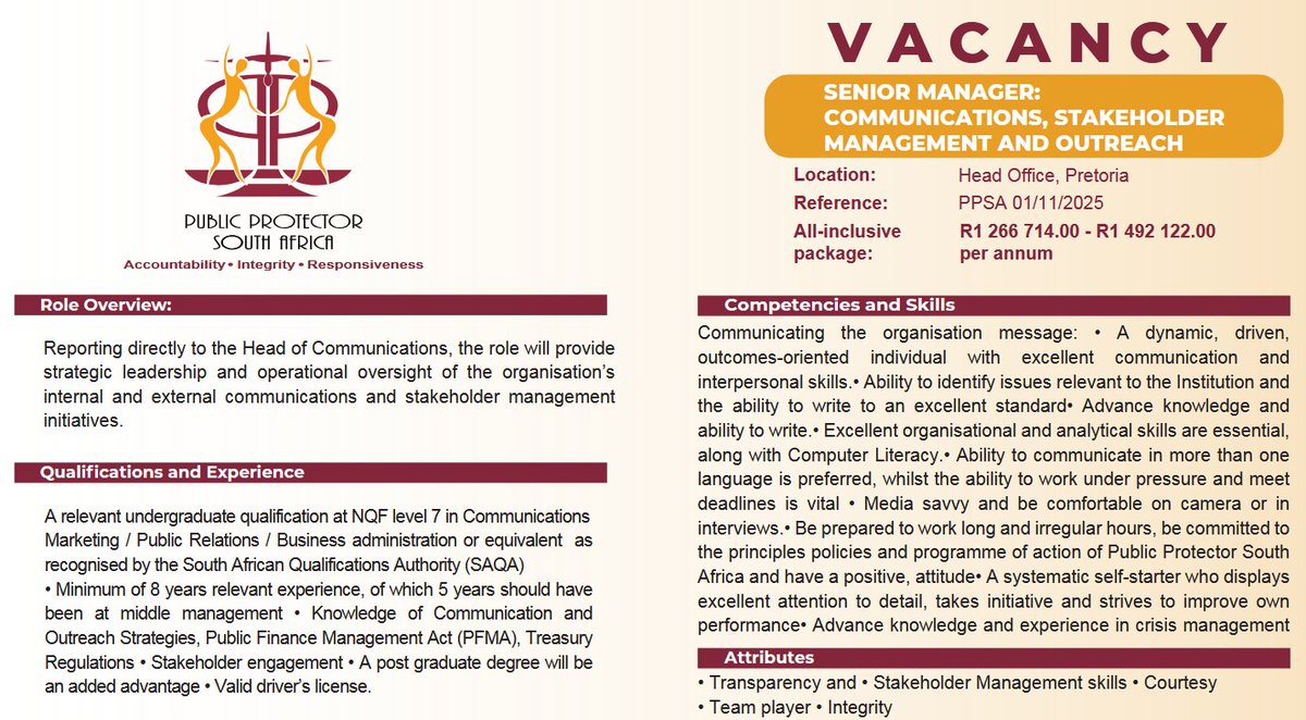 📢 VACANCY ALERT | SENIOR MANAGER:
COMMUNICATIONS, STAKEHOLDER
MANAGEMENT AND OUTREACH
🗂️ View full vacancy details: pprotect.org
🕒 Closing date: 9 November 2025 at 16:30