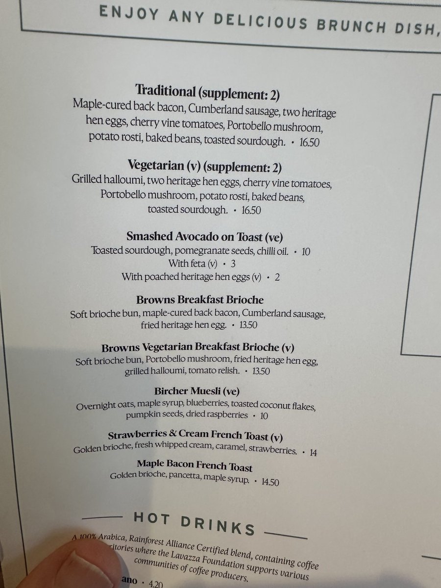 rifirth's tweet photo. So ⁦@BrownsBrasserie⁩ is the price of your traditional breakfast at Covent Garden £16.50 or £18.50?? This is a confusing menu price list! One waiter told us it was £18.50 another said £16.50. Who was right? https://t.co/Dw7eLlevwf