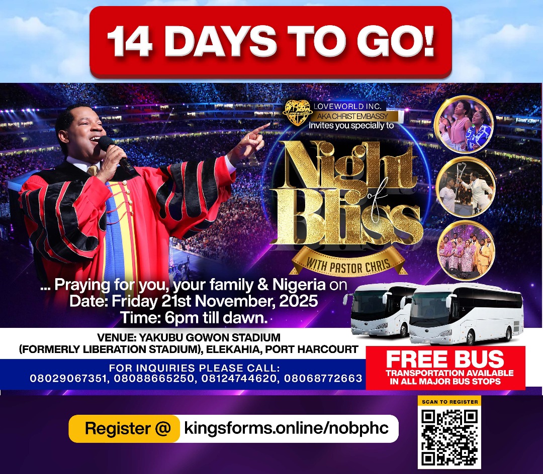 DayofBlissPH's tweet photo. It's 14 days to your day of Miracle! Night of Bliss Port Harcourt withPastor Chris Oyakhilome Dsc Dsc DD. 

-Friday 21st November 2025
-YAKUBU GOWON STADIUM ( LIBERATION STADIUM) ELEKAHIA.
-6:00pm till dawn. 

To reserve a free seat, kindly register at
https://t.co/rT3JAyPQG8 https://t.co/AQ2Tvh2dg2
