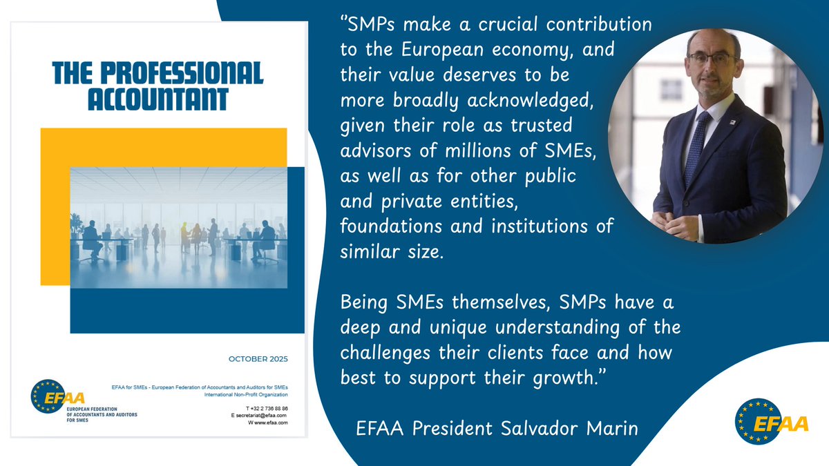 EFAAforSMEs's tweet image. 📢 Do not miss our last publication, “The Professional Accountant”📖

💡 A resource on the evolving role of accountants in supporting #SMEs, serving the public interest and European economy.

Read here: efaa.com/the-profession…

#SMPs #ProfessionalAccountants