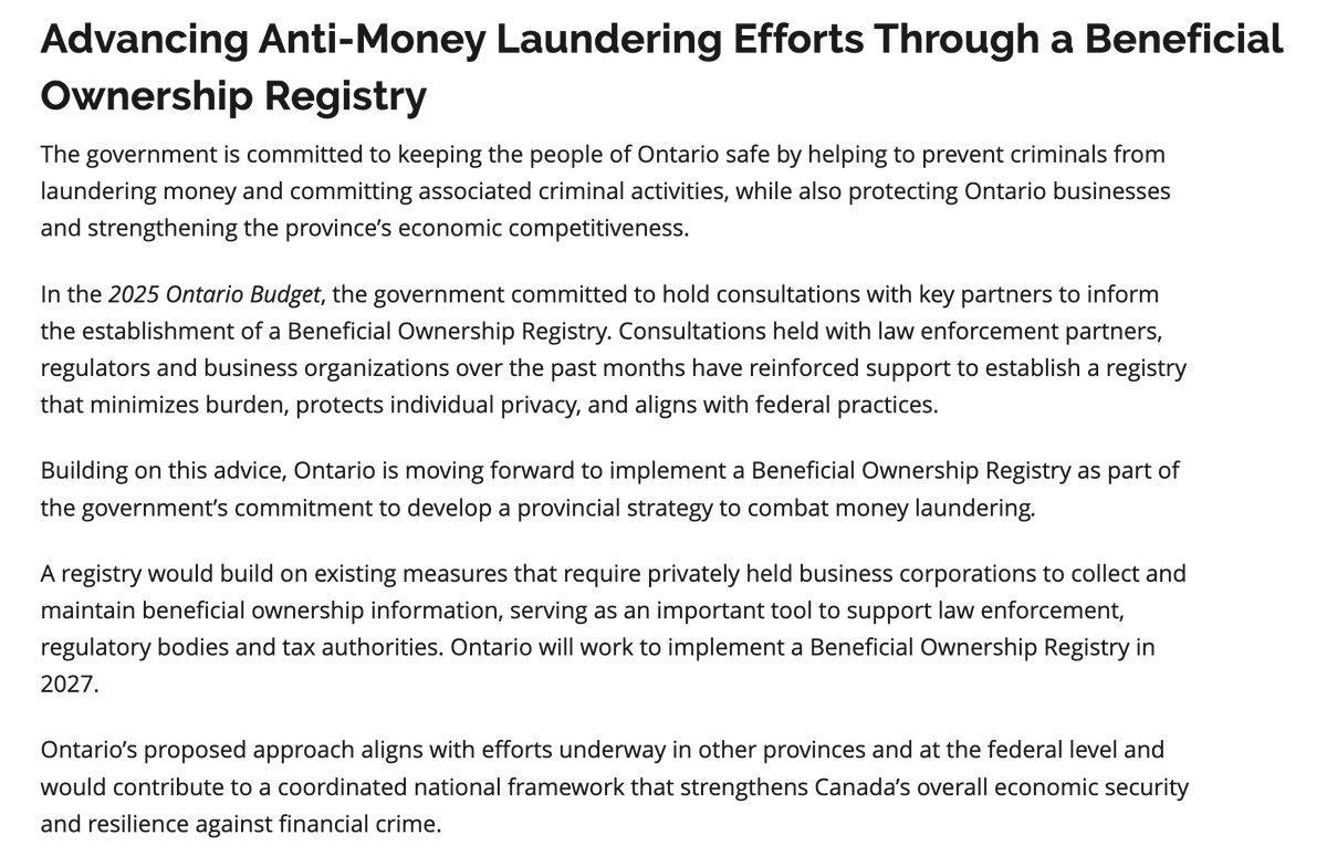 Great to see Ontario committing to creating a beneficial ownership register and aligning with Canada's federal practices after years of fantastic advocacy by the <a href="/endsnowwashing/">endsnowwashing</a> coalition 

budget.ontario.ca/2025/fallstate… 

#beneficialownership #endsnowwashing