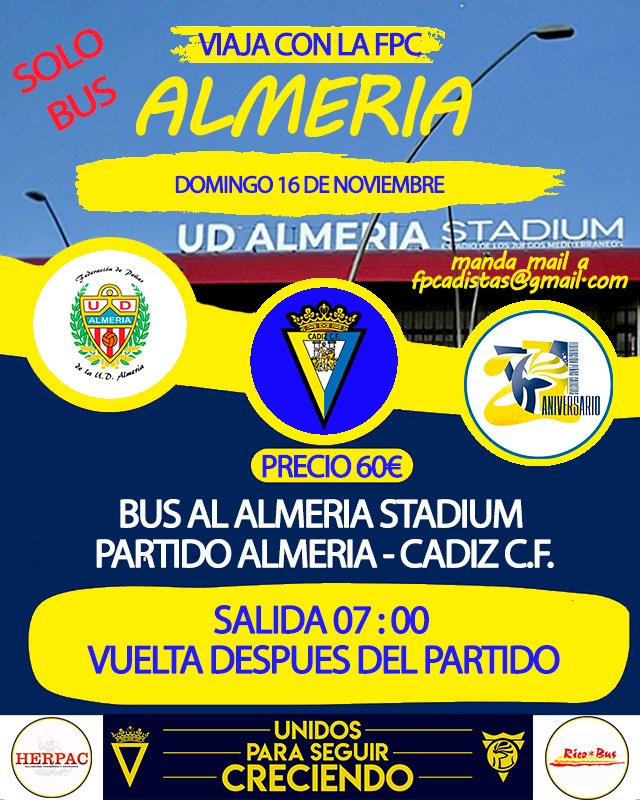 FPCadistas's tweet photo. #mareaamarillaontour viaja a Almería con la FPC. próximo domingo partido Almería Cádiz salida a las 07:00 solo bus entrada a través del club, precio 60€
manda mail fpcadistas@gmail.com
mínimo para salir 35 personas https://t.co/luV57CzBHx