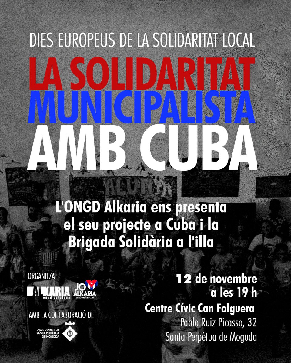 El proper 12 de novembre a les 19h a Santa Perpètua de Mogoda, dins els dies Europeus per la Solidaritat Local, presentarem el nostre projecte a Cuba i l'experiència de la primera Brigada Solidària a Cuba desenvolupada per Alkaria.
Amb la col·laboració de l'<a href="/ajuntamentSPM/">Aj Santa Perpètua</a>