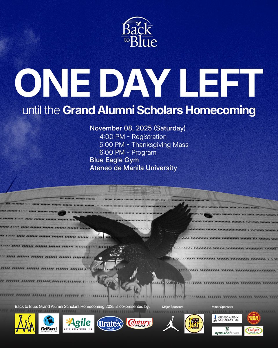 ateneodemanilau's tweet photo. ONE MORE DAY UNTIL WE COME HOME 

There's only ONE DAY LEFT until the Back to Blue: Grand Alumni Scholars Homecoming! 

See you at the Blue Eagle Gym!

#GASH2025
#BacktoBlue

https://t.co/TFby297D5S https://t.co/VcpGGeGWmP