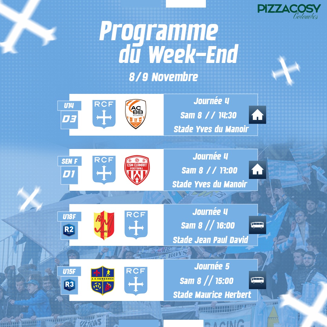 racing_cff's tweet image. Le #ProgrammeDuWeekEnd des équipes #N3 #U19NAT #U17NAT et des autres sections du Racing Club de France Football by @pizzacosyfrance de Colombes🔵⚪️

#AllezRacing #RCF