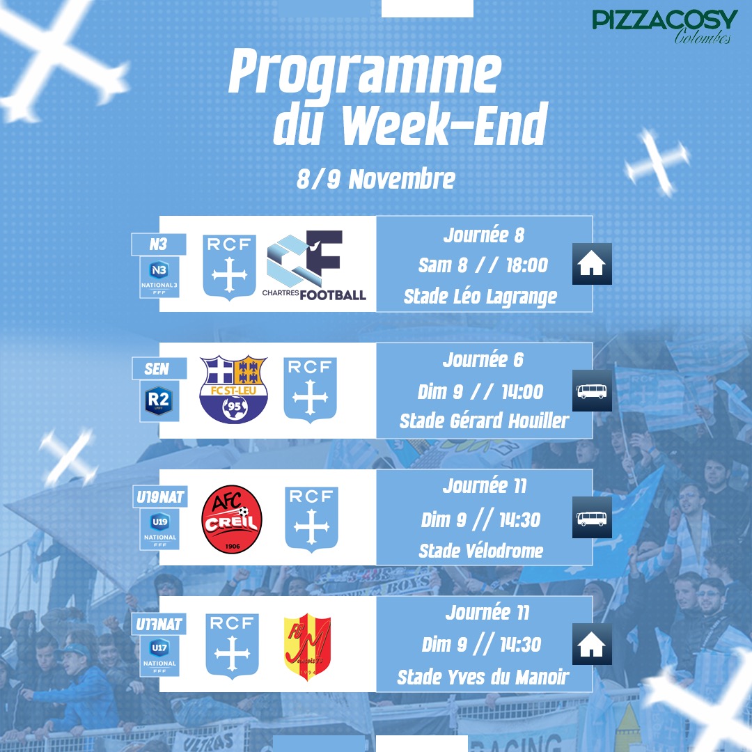 racing_cff's tweet image. Le #ProgrammeDuWeekEnd des équipes #N3 #U19NAT #U17NAT et des autres sections du Racing Club de France Football by @pizzacosyfrance de Colombes🔵⚪️

#AllezRacing #RCF