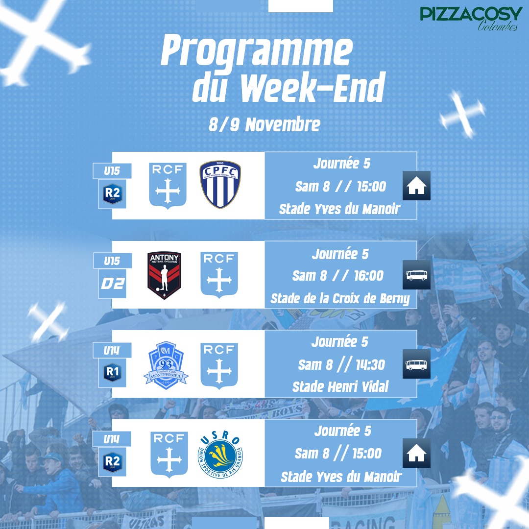 racing_cff's tweet image. Le #ProgrammeDuWeekEnd des équipes #N3 #U19NAT #U17NAT et des autres sections du Racing Club de France Football by @pizzacosyfrance de Colombes🔵⚪️

#AllezRacing #RCF