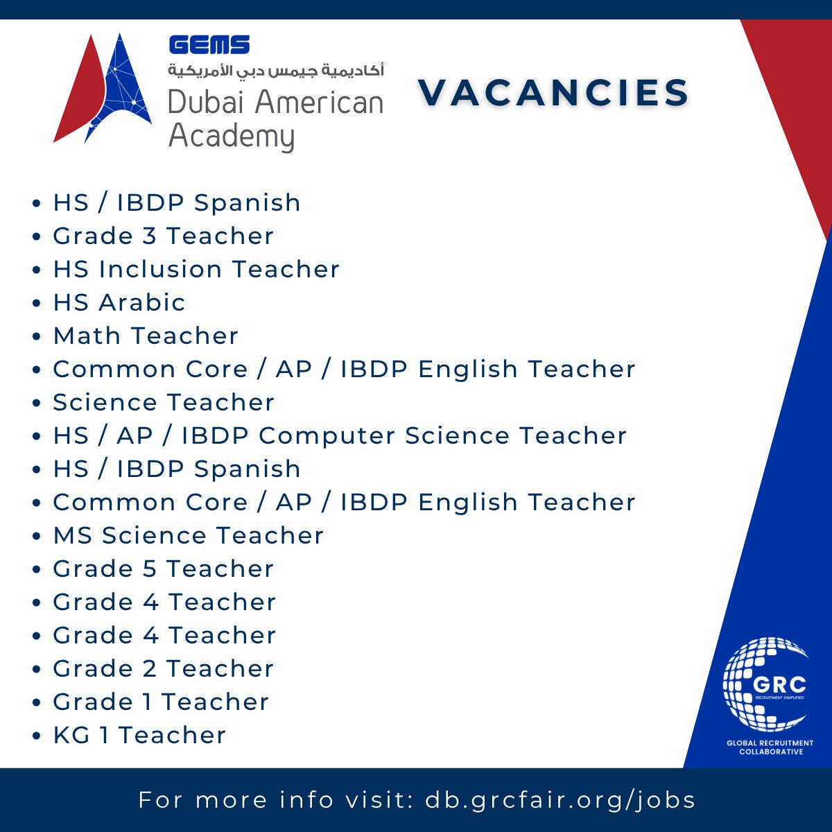 Now Hiring | GEMS Dubai American Academy 🇦🇪

Join one of Dubai’s most innovative and future-focused schools! 

 👉 db.grcfair.org/jobs