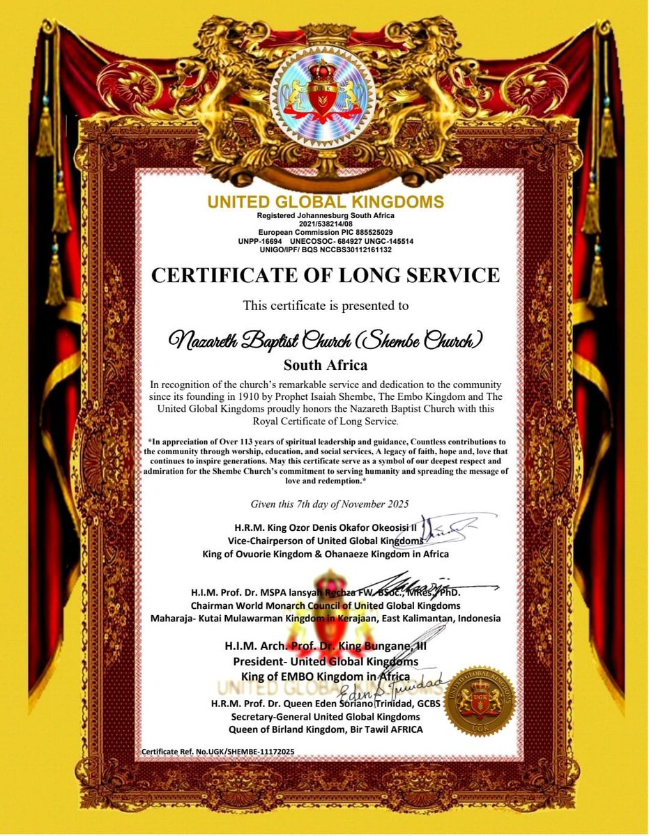 <a href="/GlobalKingdoms/">UNITED GLOBAL KINGDOMS</a> honored today the Shembe Church in #SouthAfrica for their Long Service in the country over 113 years of spiritual leadership &amp; guidance Countless contributions to the community through worship, education&amp; social services <a href="/EmboKingdom/">Embo Kingdom</a> <a href="/birtawilgov/">Birland State (BirTawil) دولة بيرلاند</a>
<a href="/g20org/">G20 United States</a>