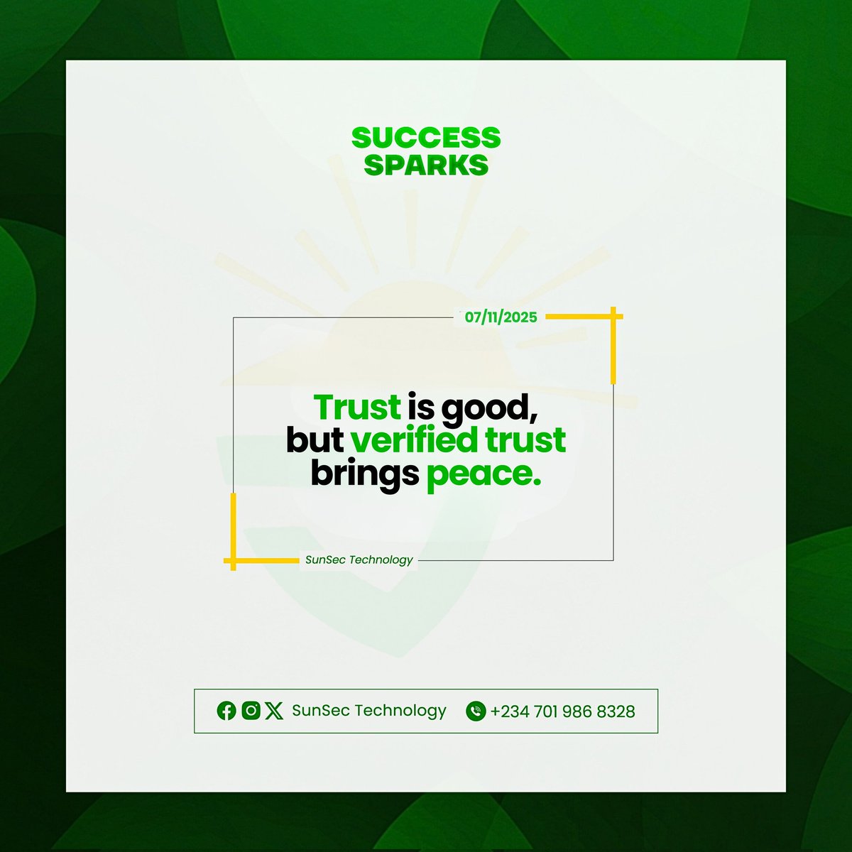 SunSecTech's tweet image. Trust is good.
But verified trust? That’s peace. 

With SunSec CCTV Systems, you don’t just trust — you confirm.
📲 bit.ly/SunSecTechnolo…

#sunsectechnology 
#CCTV 
#PeaceOfMind 
#SmartSecurity 
#Nigeria