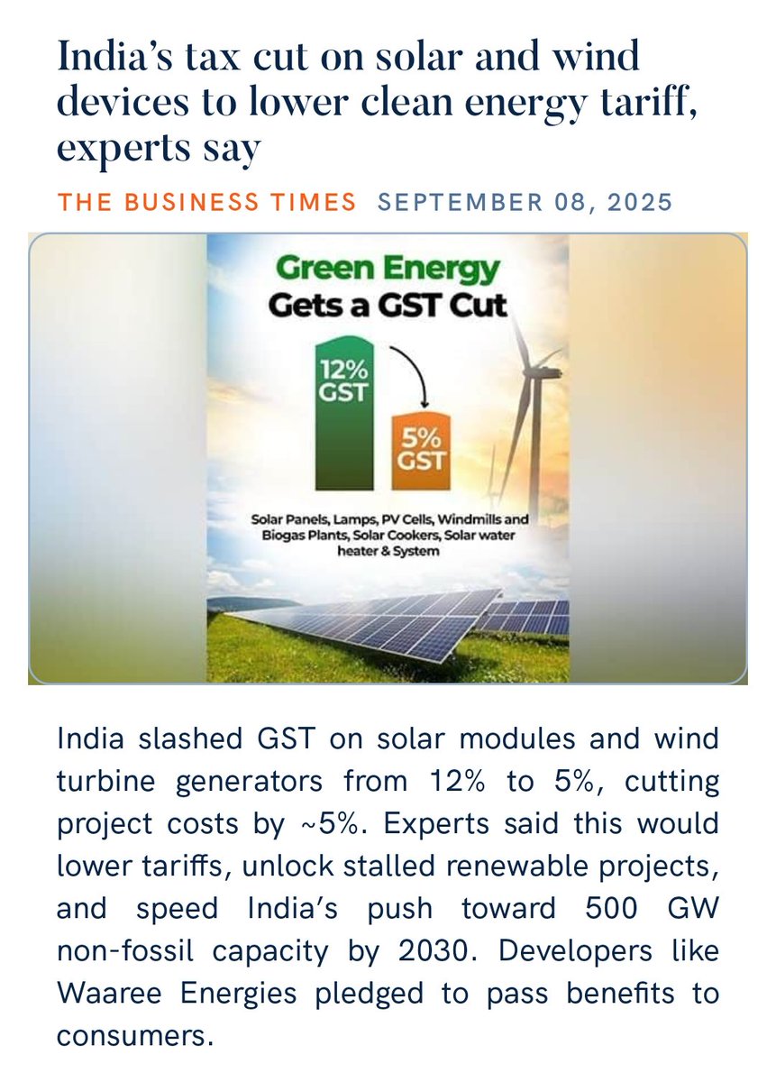 zahidpatka's tweet image. PM @narendramodi Ji
#NextGenGSTReforms #GoGreen 
The GST on solar, wind, and other clean energy equipment is down from 12% to just 5%. 
Means: Cheaper projects → Faster adoption → Greener tomorrow.
 To lower clean energy tariff,
businesstimes.com.sg/esg/indias-tax…
@PMOIndia