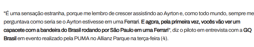 No es coña que lo ha dicho, tienes que ser estúpido como para decir que no han habido pilotos de Ferrari con un casco con la bandera de Brasil existiendo Massa y Barrichello

Yo no se que coño se meten los brazucas para preferir a este señor antes que a su compatriota Bortoleto.