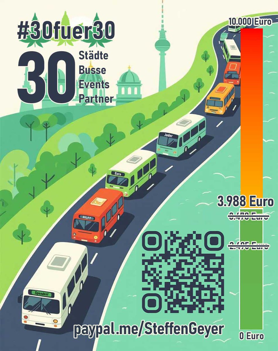 #30fuer30 bringt die Legalisierung in Bewegung – in deine Stadt und zur @Hanfparade.
30 Städte* - 30 Busse - 30 Events - 30 Partner

Frischer Wind für eine alte Debatte, frischer Wind für Legalizer:innen im ganzen Land.

*Bonus: Amsterdam, Brüssel, Kopenhagen, Zürich, Wien &amp; Prag