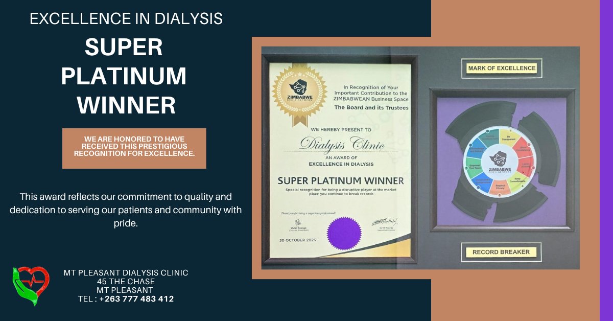 🥳🥳What an honor!  Super Platinum Award for Excellence in Dialysis Services.
HARARE, Zimbabwe 🇿🇼🇿🇼🇿🇼
Thank you Zimbabwe CEO's Network for the recognition.  We continue to delight our patients : past, current and future!
#dialysis #Kidney #Dialysistreatment #StayHealthy #awards