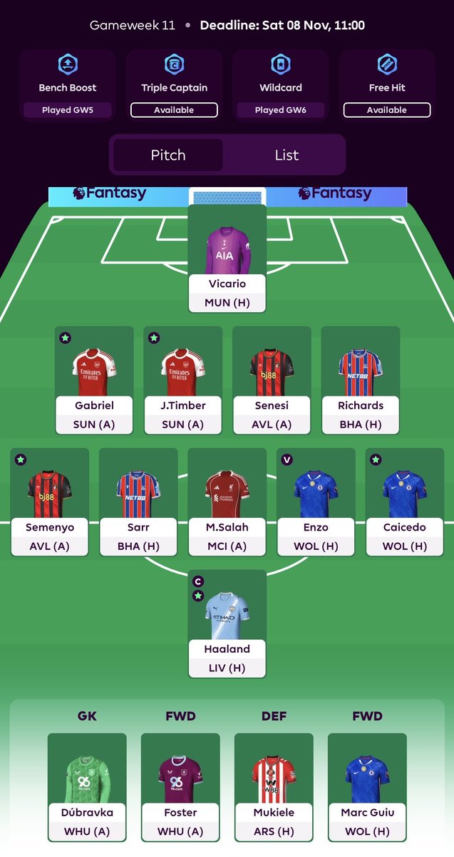 #GW11 Bus team 
1ft
1ml💰

Pretty boring week for me

The plan is to roll and have 2ft for any issues that come up during the IB

If Sarr is out, It's Foster from the bench

Vicario or Dubravka 🥱

Haaland ©️ pretty locked for me 

#FPLCommunity #FPL