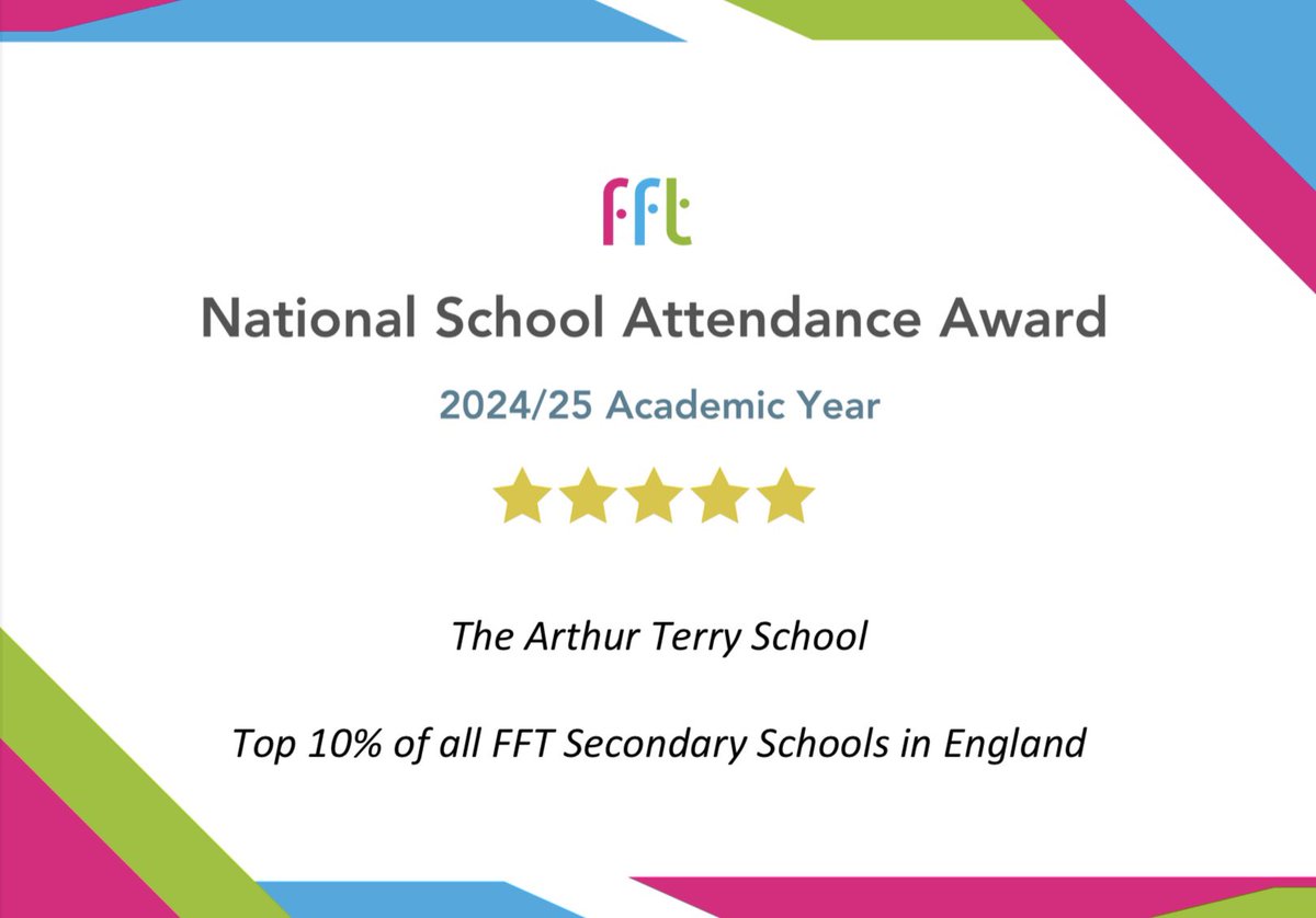 🎉 We’re delighted to announce that #ArthurTerrySchool has been recognised in this year’s FFT National Attendance Awards!  🎉

📱 Reminder: You can view up-to-date information about your child’s attendance via Go 4 Schools or My Child at School (MCAS).
 
<a href="/FFTEdu/">FFT Education</a> <a href="/the_atlp/">The Arthur Terry Learning Partnership (ATLP)</a>
