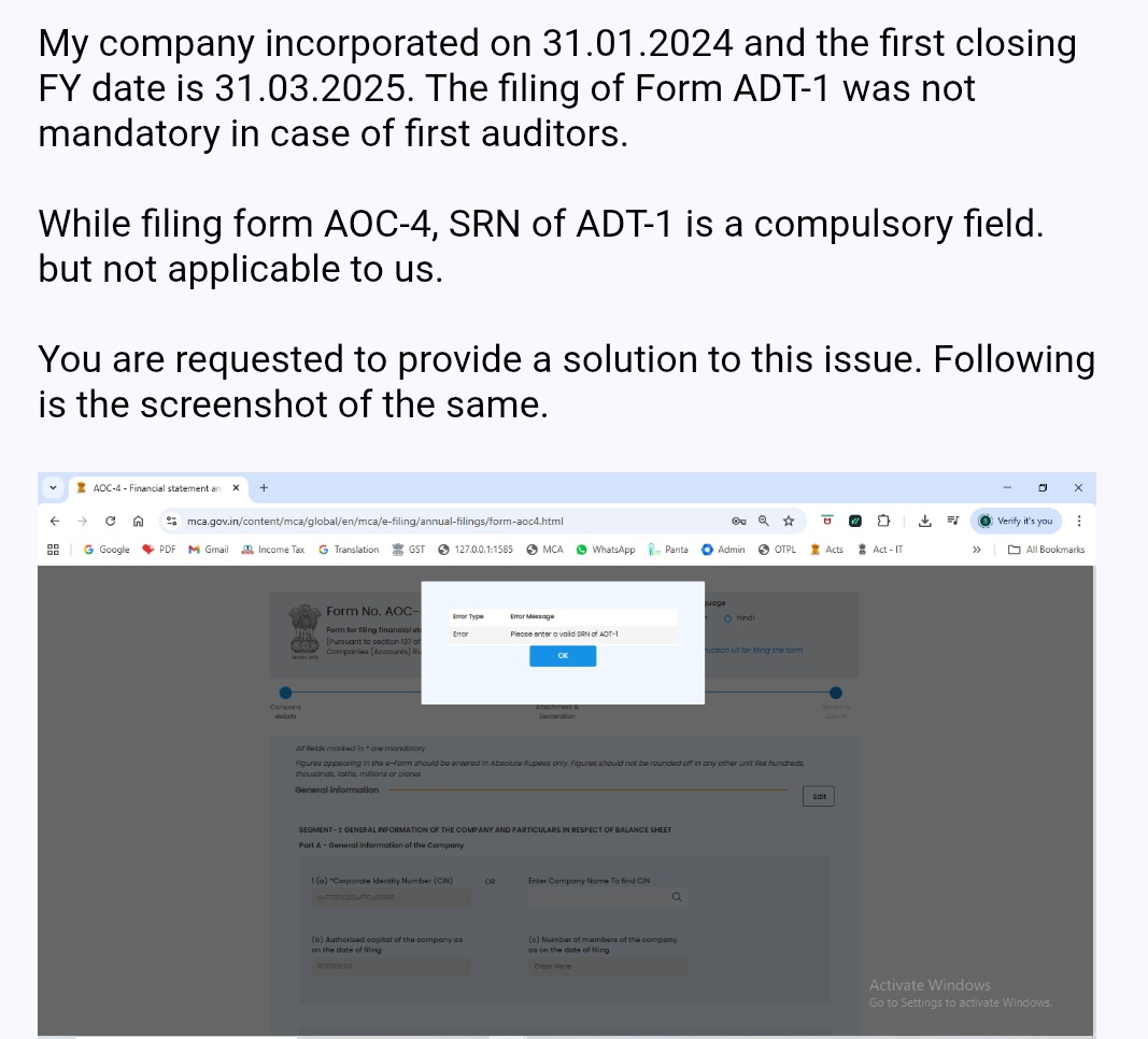 Vky_Gupta's tweet photo. @MCA21India 
Why form AOC-4 is asking for ADT-1 of the first auditor appointment when Form ADT-1 was not applicable? https://t.co/Lw1sylLqio