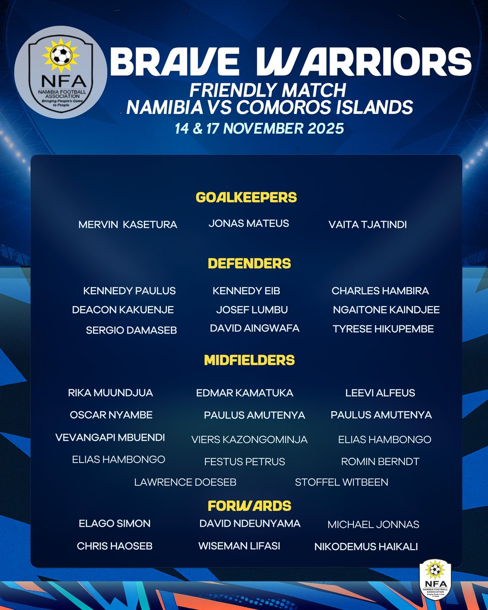 Official_NFA's tweet photo. Brave Warriors Coach,Collin Benjamin and his team has named a 32- preliminary squad for a friendly match against Comoros.The Warriors will be coached by John Sikerete while Marley Ngarizemo serves as an assistant.

Read more 

https://t.co/m8TEEefHo6 https://t.co/vQKUi6YF7E