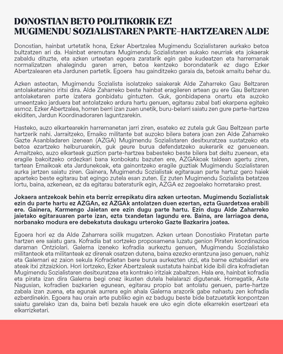 Kontseilua_Don's tweet image. [📄IRAKURKETA]

Donostian beto politikorik ez!

Mugimendu Sozialistaren parte-hartzearen alde.