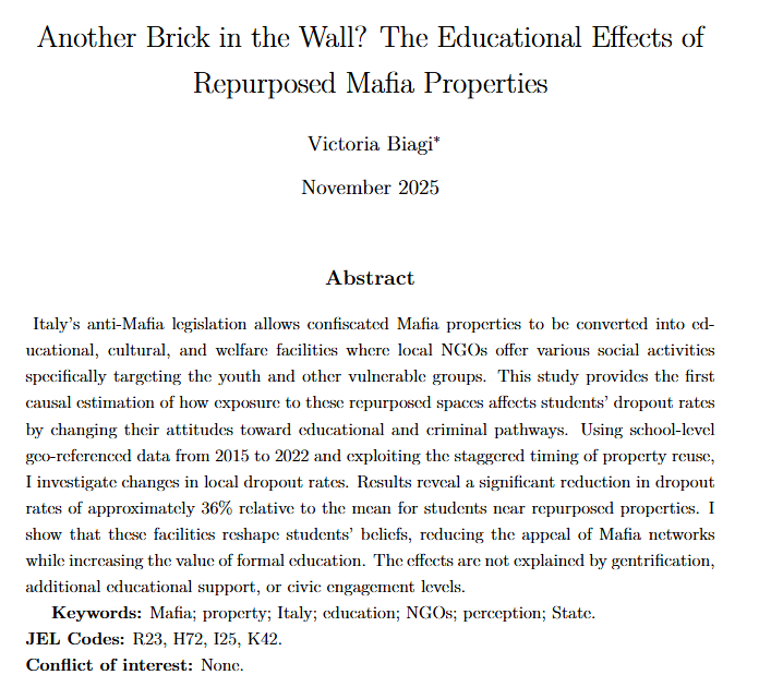 VictoriaBi74104's tweet photo. 🚨Hi #econtwitter! I am on the Job Market 📢
In my JMP I study how repurposing confiscated Mafia properties into community spaces reduces nearby schools' dropout rates. Mechanism: the policy increases the perceived value of education over criminal networks for career advancement. https://t.co/USPRYU1eDw