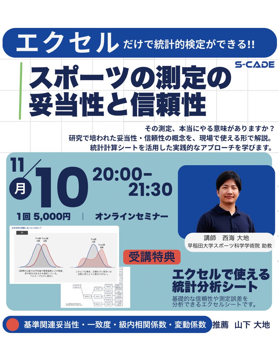 スポーツ測定の「妥当性・信頼性」をExcelを使って実際に検証する方法を学ぶオンラインセミナー📈
統計的検定を現場で活かす実践的なアプローチを紹介します。

🗓11/10(日)20:00〜21:30

詳細はこちらから
s-cadeseminar-2.peatix.com/view