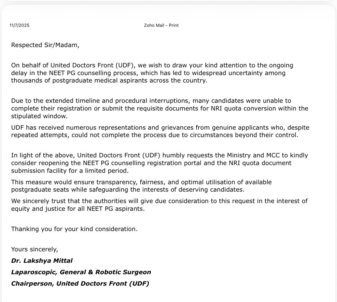 Team <a href="/UDF_BHARAT/">UNITED DOCTORS FRONT (UDF)</a> has submitted a official representation to <a href="/MoHFW_INDIA/">Ministry of Health</a> &amp; @DGHSIndia—urging immediate intervention to uphold fairness, transparency, and justice for deserving #NEETPG2025 aspirants.

<a href="/PMOIndia/">PMO India</a> <a href="/JPNadda/">Jagat Prakash Nadda</a> <a href="/ANI/">ANI</a> <a href="/PTI_News/">Press Trust of India</a> <a href="/ndtv/">NDTV</a> <a href="/aajtak/">AajTak</a> <a href="/TOIIndiaNews/">TOI India</a>