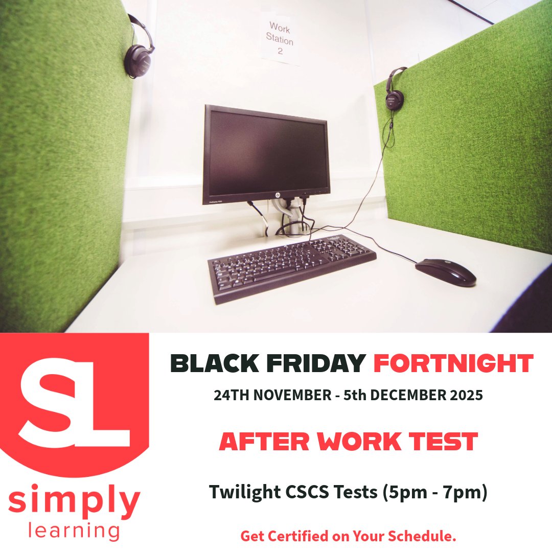 _SimplyLearning's tweet image. 🌙 Evening CSCS Tests now available!

Book during #BlackFriday &amp;amp; get a free online course bundle 🎁

simply-learning.co.uk/black-friday-f… | ☎️ 0330 0948 424