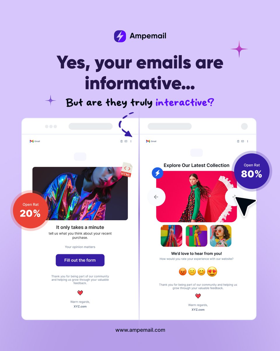 Ampemail's tweet image. Your emails are getting read. AMP Emails get results 🤩
Static layouts ask for clicks. AMP delivers action — right inside the inbox. 
💡 Higher engagement 
⚡ Real-time interactivity
🚀 Built for conversions

#ampemail #emailmarketing #InteractiveEmail