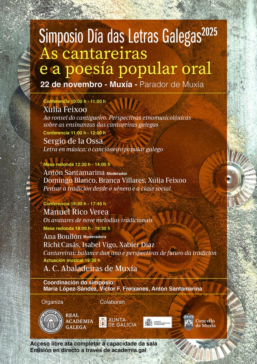 O sábado 22 de novembro agardámosvos en Muxía no Simposio das #LetrasGalegas2025. Contaremos con Xulia Feixoo, Sergio de la Ossa, Domingo Blanco, Branca Villares, Manuel Rico Verea, <a href="/xabier_diaz/">Xabier Díaz</a>, Richi Casás, Isabel Vigo <a href="/MuseodoPobo/">Museo do Pobo Galego</a> e as #Abaladeiras.
📌 i.gal/simposiodascan…