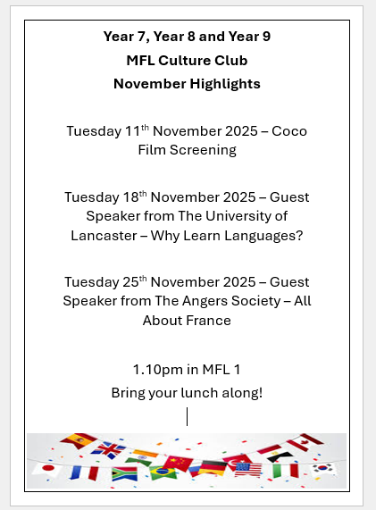 MFL Culture Club November Highlights <a href="/SEACHS1961/">St Edmund Arrowsmith</a> <a href="/WiganCouncil/">Wigan Council</a> <a href="/LancasterUni/">Lancaster University</a>
